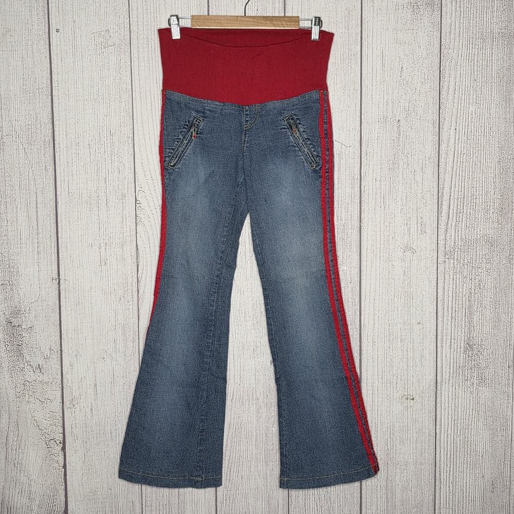 Y2K Flare Jeans Red Stripe Heart Zipper Pulls Bratz Doll, sz 28x29.5